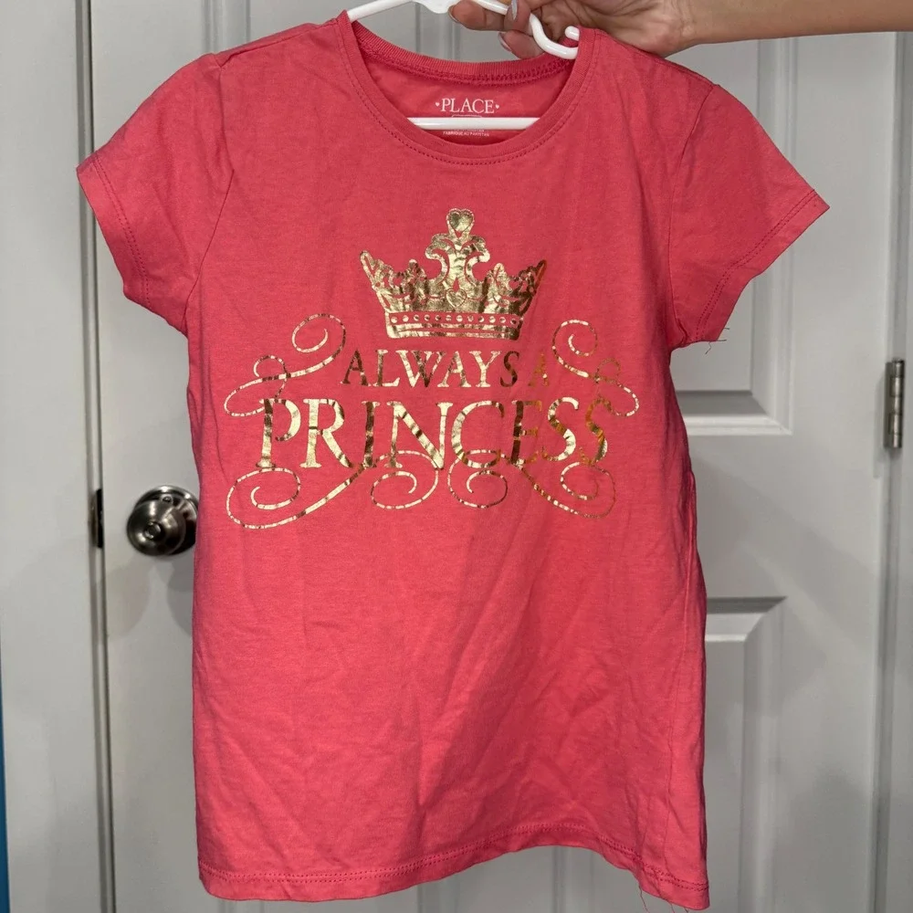 The Childrens Place Girls Pink Always a Princess Gold Foil Graphic Tee‎ Size 7/8
